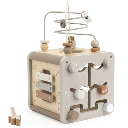 Motorikwürfel aus Holz Aktivitätswürfel für Babys, personalisiert mit Namen, ab 18 Monaten Beige
