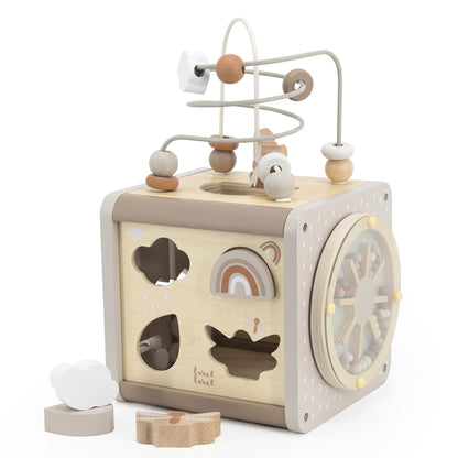 Motorikwürfel aus Holz Aktivitätswürfel für Babys, personalisiert mit Namen, ab 18 Monaten Beige