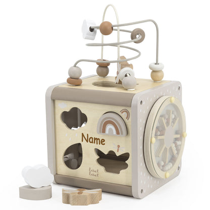 Motorikwürfel aus Holz Aktivitätswürfel für Babys, personalisiert mit Namen, ab 18 Monaten Beige