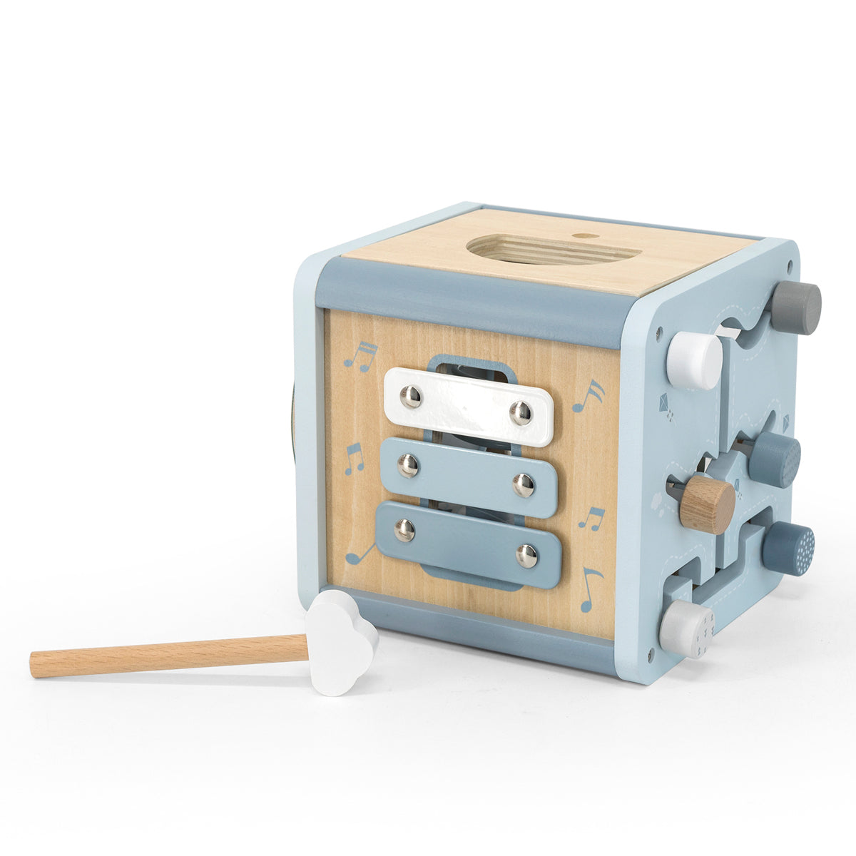 Motorikwürfel aus Holz Aktivitätswürfel für Babys, personalisiert mit Namen, ab 18 Monaten Blau