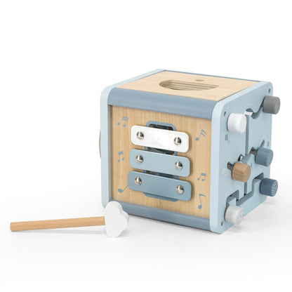 Motorikwürfel aus Holz Aktivitätswürfel für Babys, personalisiert mit Namen, ab 18 Monaten Blau
