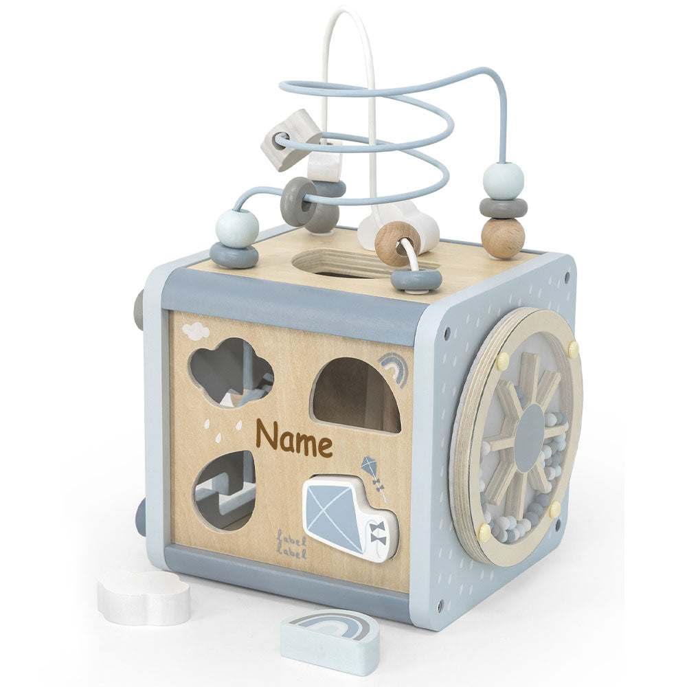 Motorikwürfel aus Holz Aktivitätswürfel für Babys, personalisiert mit Namen, ab 18 Monaten Blau