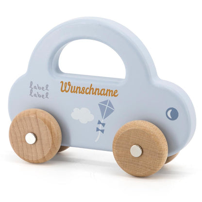 Spielzeug Auto aus Holz hellblau personalisiert mit Name Baby Geschenk mit Gravur