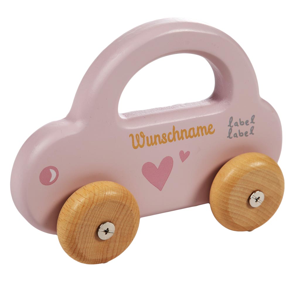 Spielzeug Auto aus Holz rosa personalisiert mit Name Baby Geschenk mit Gravur