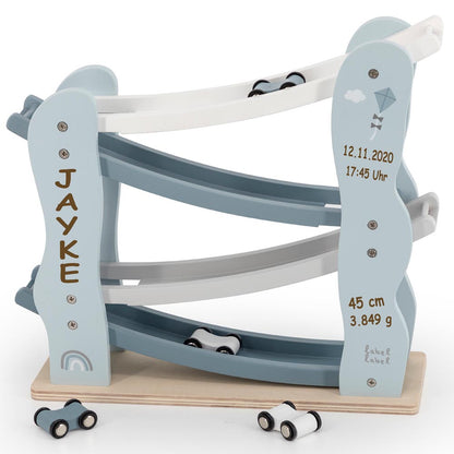 Autobahn Kugelbahn aus Holz blau personalisiert mit Name und Geburtsdaten Baby Geschenk mit Gravur