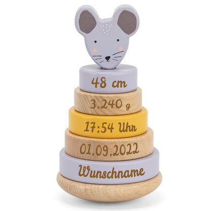 Personalisierter Stapelturm aus Holz von Trixie mit Namen und Geburtsdaten graviert Geburtsgeschenk Maus
