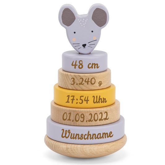 Personalisierter Stapelturm aus Holz von Trixie mit Namen und Geburtsdaten graviert Geburtsgeschenk Maus