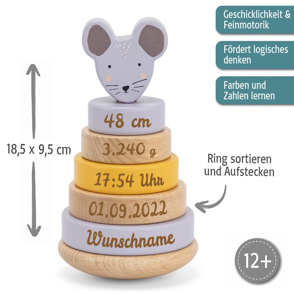 Personalisierter Stapelturm aus Holz von Trixie mit Namen und Geburtsdaten graviert Geburtsgeschenk Maus
