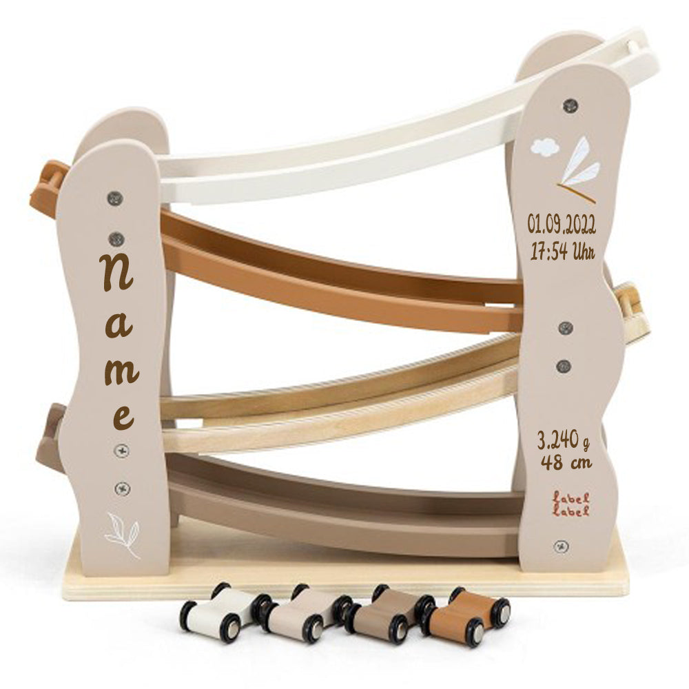 Autobahn Kugelbahn aus Holz beige personalisiert mit Name und Geburtsdaten Baby Geschenk mit Gravur