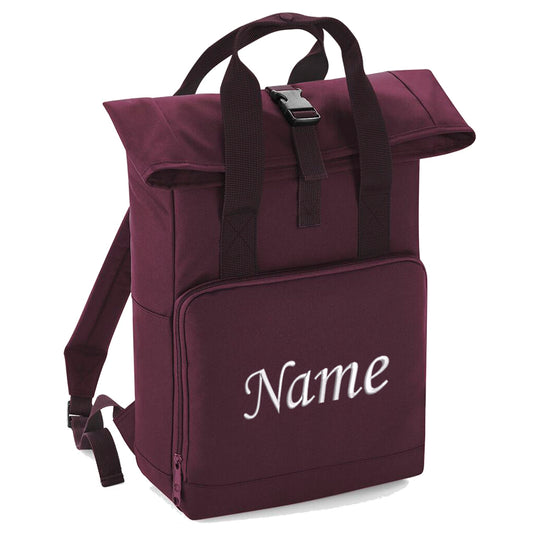 Rucksack mit Name bestickt Rolltop für Kinder und Erwachsene verstellbare Schultergurte 100% Recycled Polyester burgundy