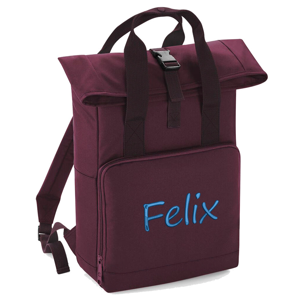 Rucksack mit Name bestickt Rolltop für Kinder und Erwachsene verstellbare Schultergurte 100% Recycled Polyester burgundy