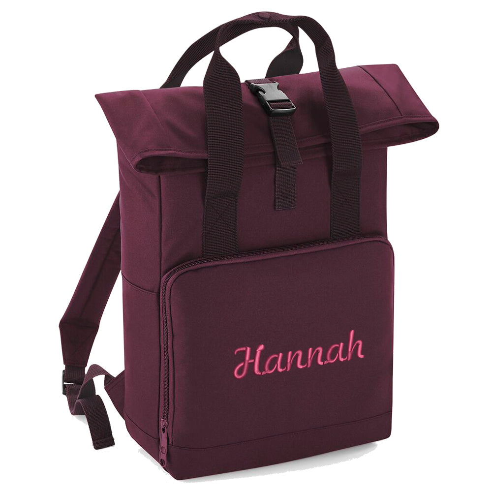 Rucksack mit Name bestickt Rolltop für Kinder und Erwachsene verstellbare Schultergurte 100% Recycled Polyester burgundy