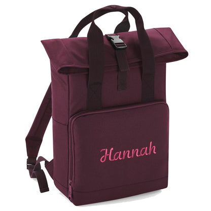 Rucksack mit Name bestickt Rolltop für Kinder und Erwachsene verstellbare Schultergurte 100% Recycled Polyester burgundy