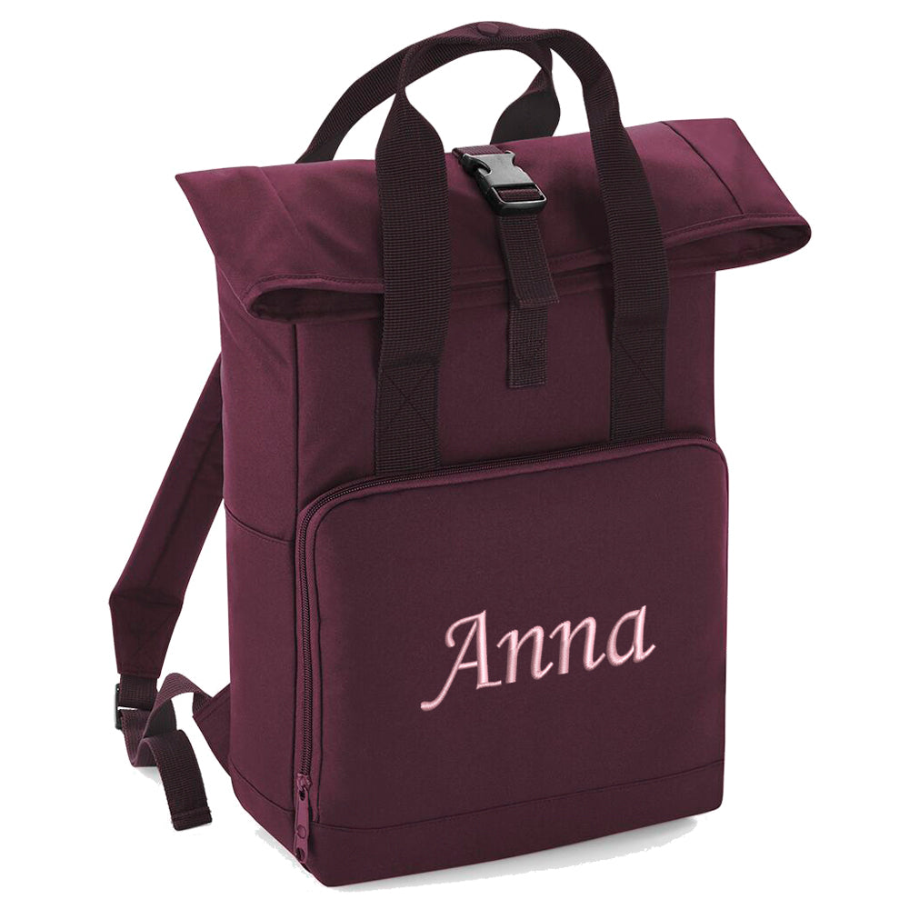 Rucksack mit Name bestickt Rolltop für Kinder und Erwachsene verstellbare Schultergurte 100% Recycled Polyester burgundy