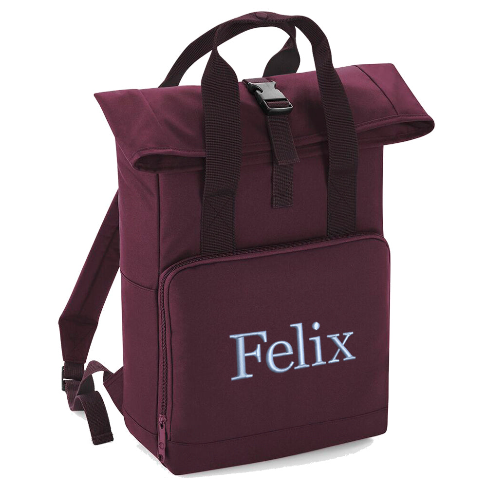 Rucksack mit Name bestickt Rolltop für Kinder und Erwachsene verstellbare Schultergurte 100% Recycled Polyester burgundy