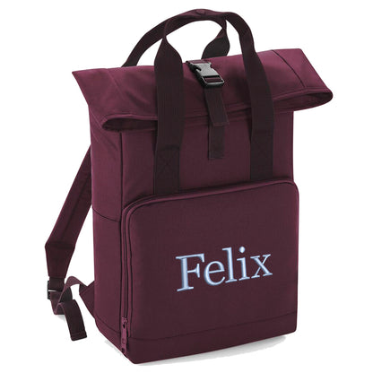 Rucksack mit Name bestickt Rolltop für Kinder und Erwachsene verstellbare Schultergurte 100% Recycled Polyester burgundy