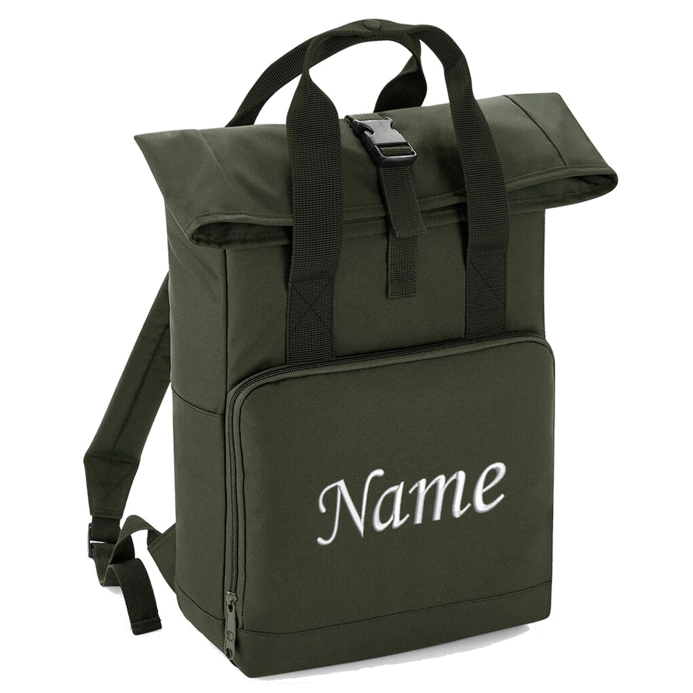 Rucksack mit Name bestickt Rolltop für Kinder und Erwachsene verstellbare Schultergurte 100% Recycled Polyester olivgrün