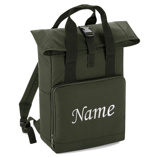 Rucksack mit Name bestickt Rolltop für Kinder und Erwachsene verstellbare Schultergurte 100% Recycled Polyester olivgrün