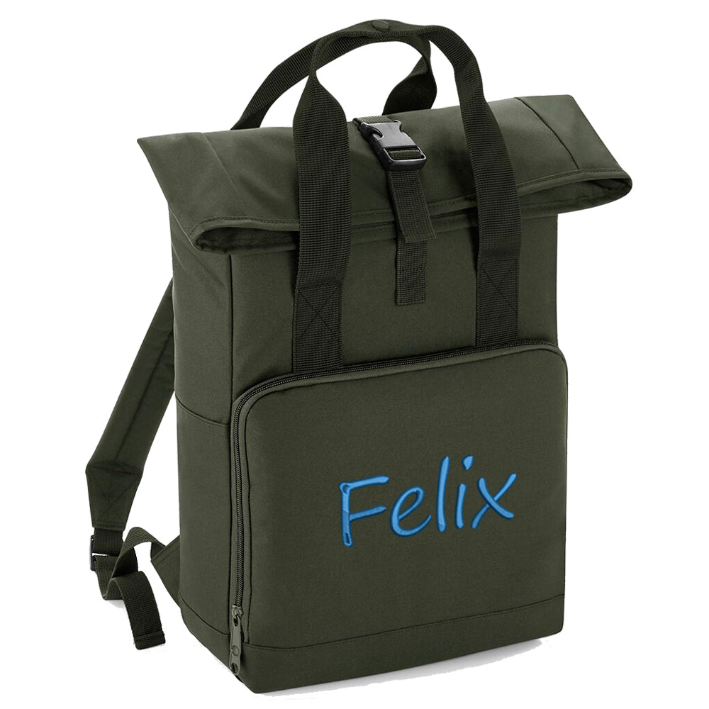 Rucksack mit Name bestickt Rolltop für Kinder und Erwachsene verstellbare Schultergurte 100% Recycled Polyester olivgrün