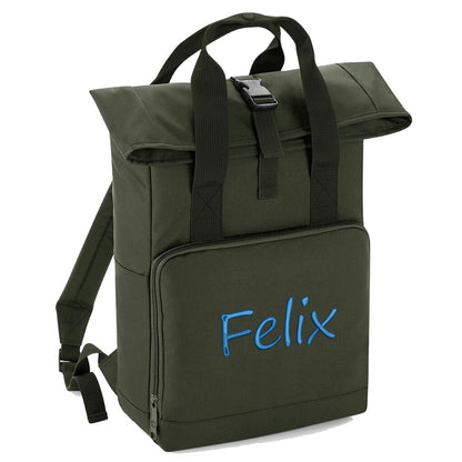 Rucksack mit Name bestickt Rolltop für Kinder und Erwachsene verstellbare Schultergurte 100% Recycled Polyester olivgrün