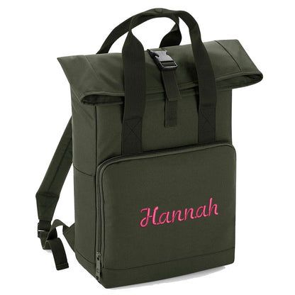 Rucksack mit Name bestickt Rolltop für Kinder und Erwachsene verstellbare Schultergurte 100% Recycled Polyester olivgrün