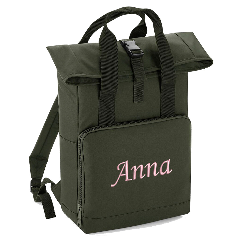 Rucksack mit Name bestickt Rolltop für Kinder und Erwachsene verstellbare Schultergurte 100% Recycled Polyester olivgrün