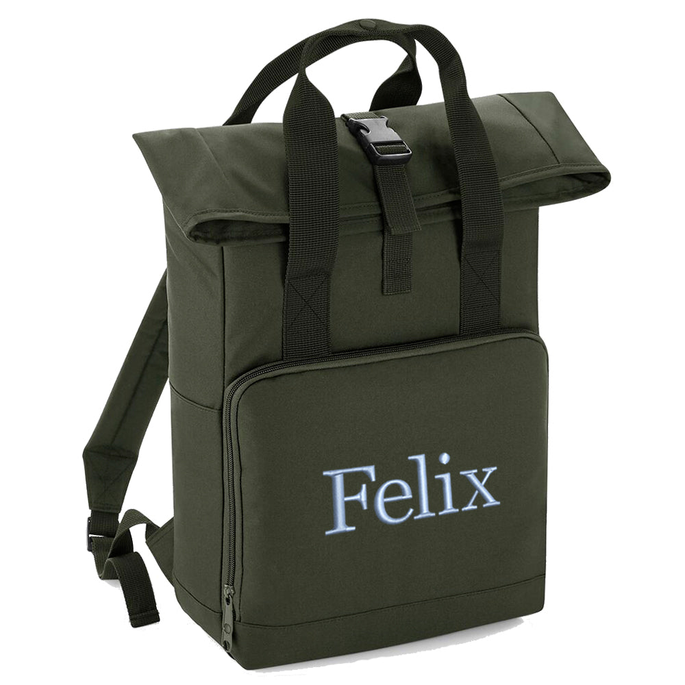 Rucksack mit Name bestickt Rolltop für Kinder und Erwachsene verstellbare Schultergurte 100% Recycled Polyester olivgrün