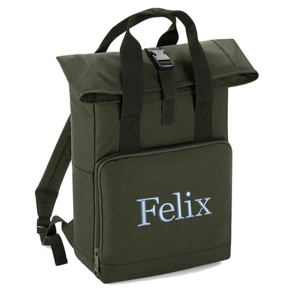 Rucksack mit Name bestickt Rolltop für Kinder und Erwachsene verstellbare Schultergurte 100% Recycled Polyester olivgrün