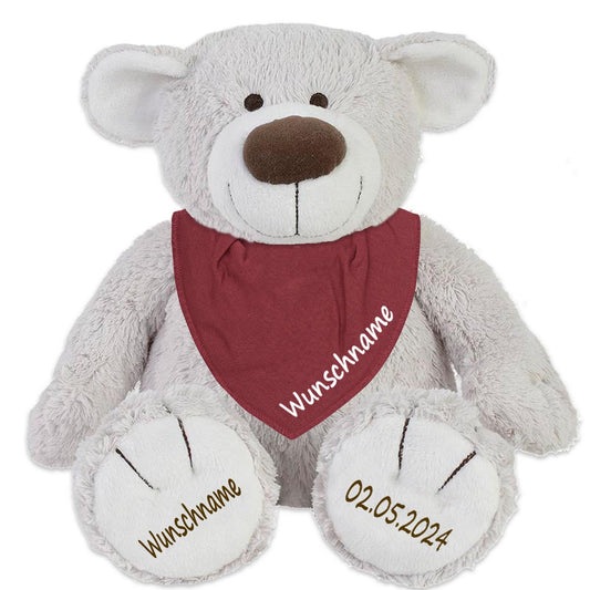 Geschenkset Stofftier Teddybär hellgrau 40cm + Baby Halstuch Farbwahl personalisiert