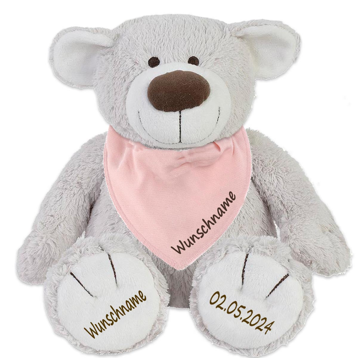 Geschenkset Stofftier Teddybär hellgrau 40cm + Baby Halstuch Farbwahl personalisiert