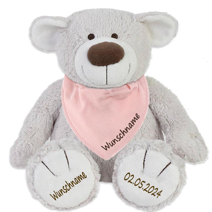 Geschenkset Stofftier Teddybär hellgrau 40cm + Baby Halstuch Farbwahl personalisiert