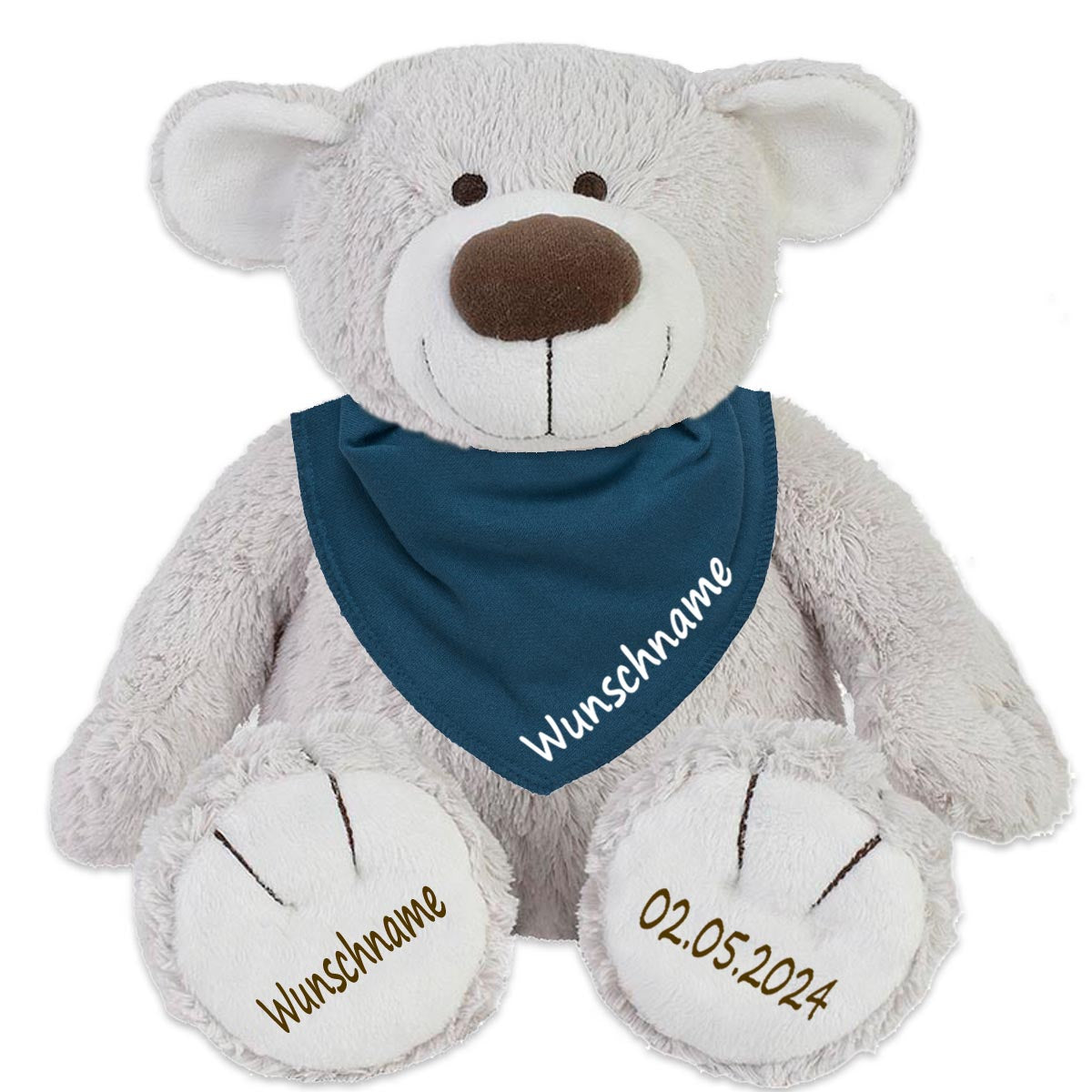 Geschenkset Stofftier Teddybär hellgrau 40cm + Baby Halstuch Farbwahl personalisiert