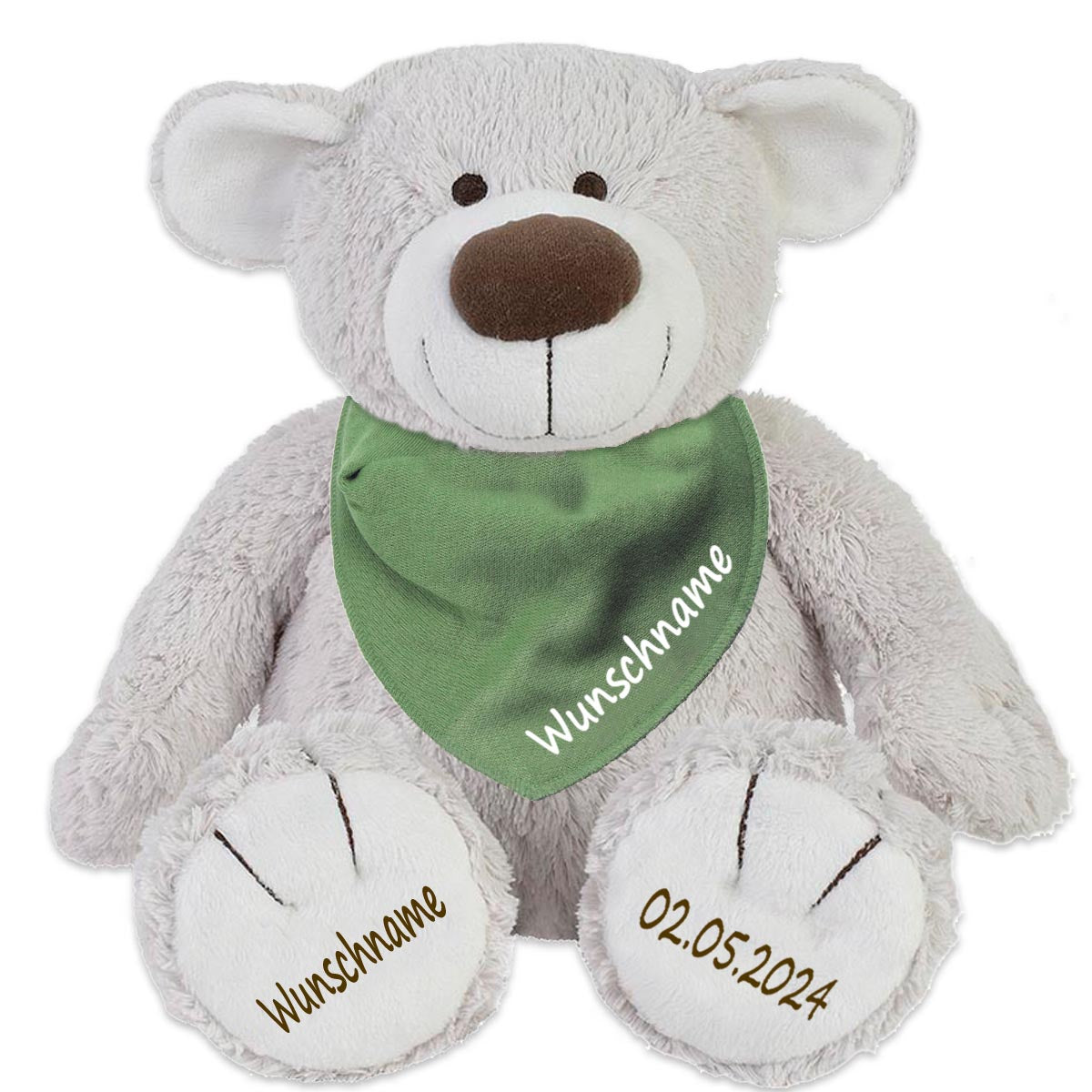Geschenkset Stofftier Teddybär hellgrau 40cm + Baby Halstuch Farbwahl personalisiert