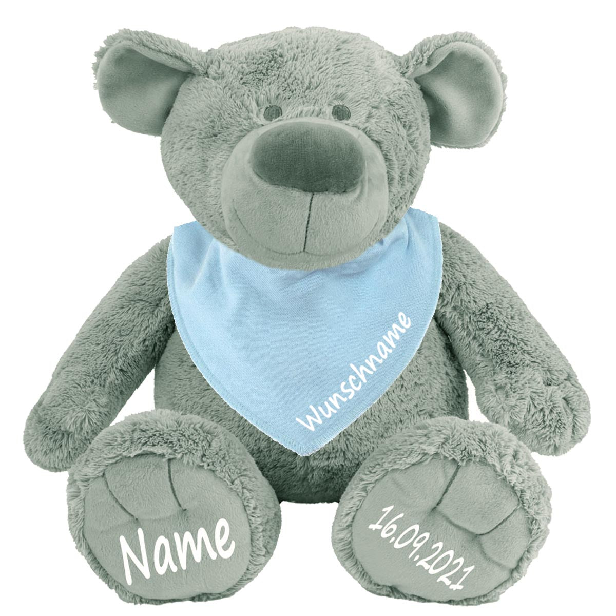 Geschenkset Stofftier Teddybär grau 40cm + Baby Halstuch Farbwahl personalisiert