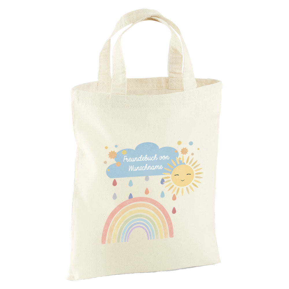 Personalisierte Freundebuch Tasche mit Namen, Baumwolle Stofftasche, Motiv Regenbogen