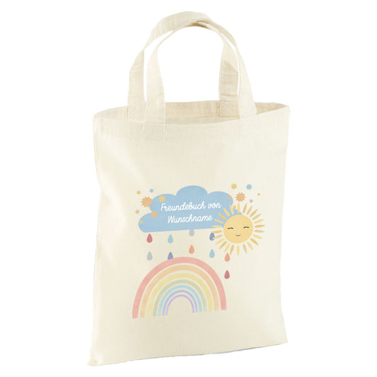 Personalisierte Freundebuch Tasche mit Namen, Baumwolle Stofftasche, Motiv Regenbogen