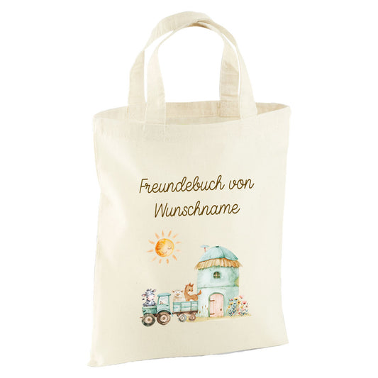 Personalisierte Freundebuch Tasche mit Namen, Baumwolle Stofftasche, Motiv Bauernhof