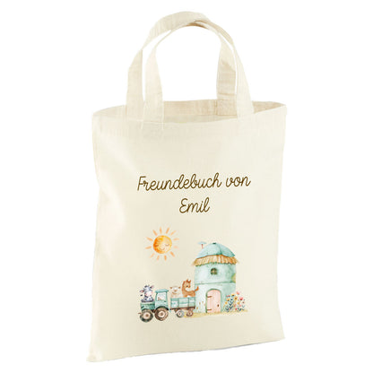 Personalisierte Freundebuch Tasche mit Namen, Baumwolle Stofftasche, Motiv Bauernhof