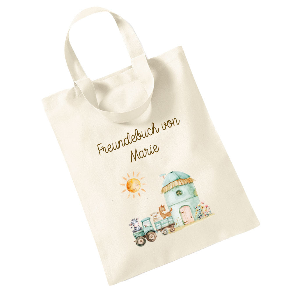 Personalisierte Freundebuch Tasche mit Namen, Baumwolle Stofftasche, Motiv Bauernhof