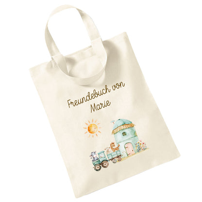 Personalisierte Freundebuch Tasche mit Namen, Baumwolle Stofftasche, Motiv Bauernhof