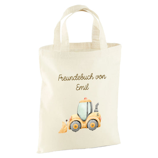 Personalisierte Freundebuch Tasche mit Namen, Baumwolle Stofftasche, Motiv Fahrzeug