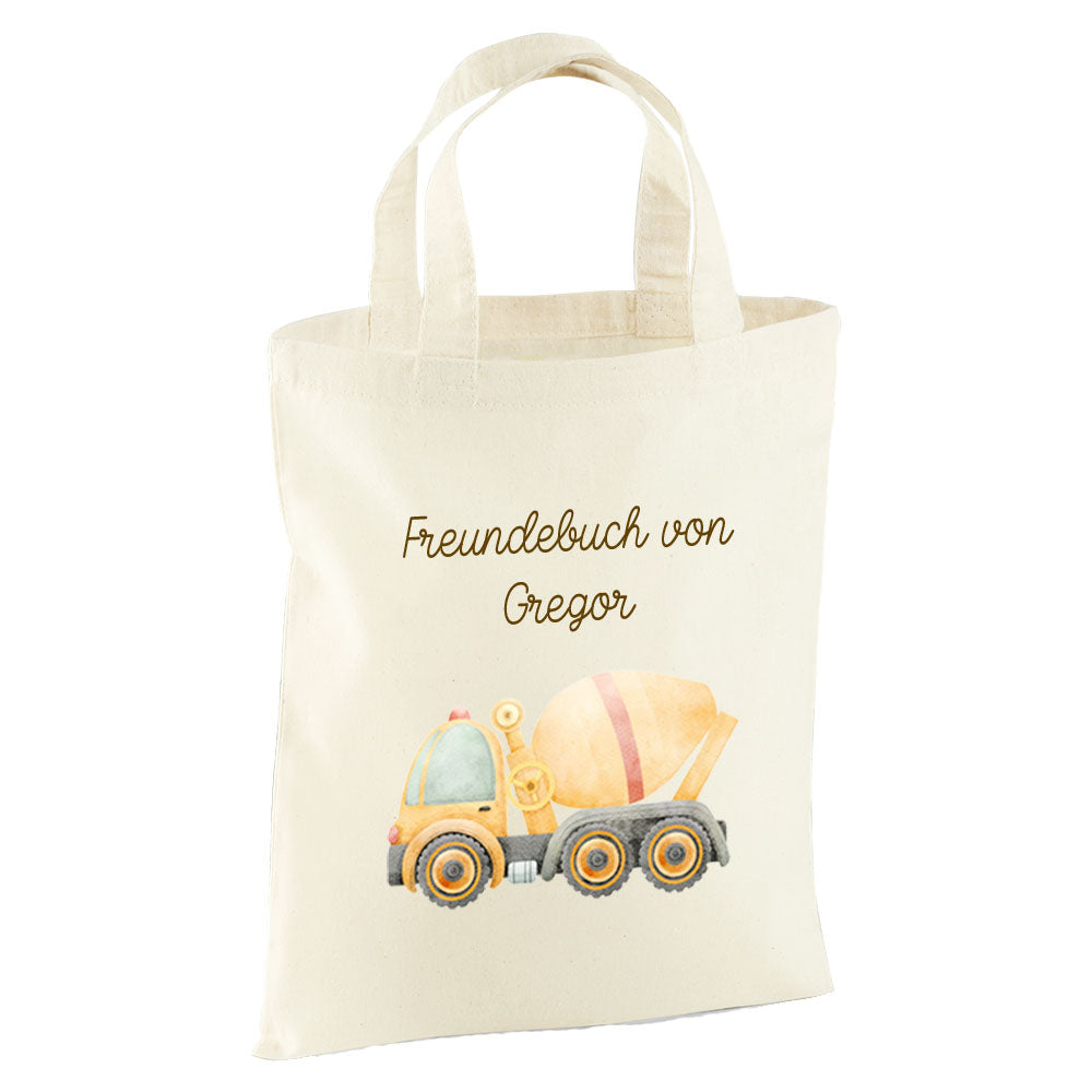 Personalisierte Freundebuch Tasche mit Namen, Baumwolle Stofftasche, Motiv Fahrzeug
