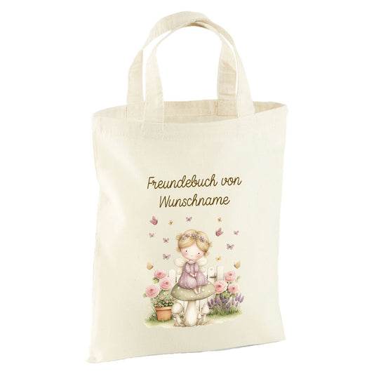 Personalisierte Freundebuch Tasche mit Namen, Baumwolle Stofftasche, Motiv Fee auf Pilz