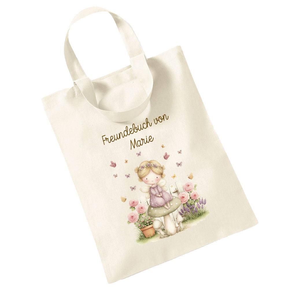 Personalisierte Freundebuch Tasche mit Namen, Baumwolle Stofftasche, Motiv Fee auf Pilz
