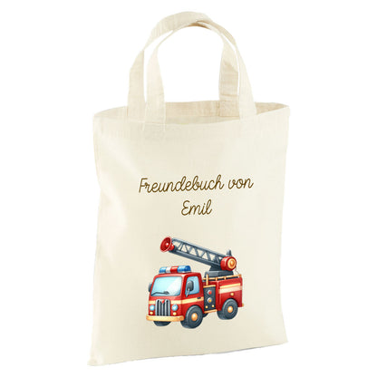 Personalisierte Freundebuch Tasche mit Namen, Baumwolle Stofftasche, Motiv Fahrzeug