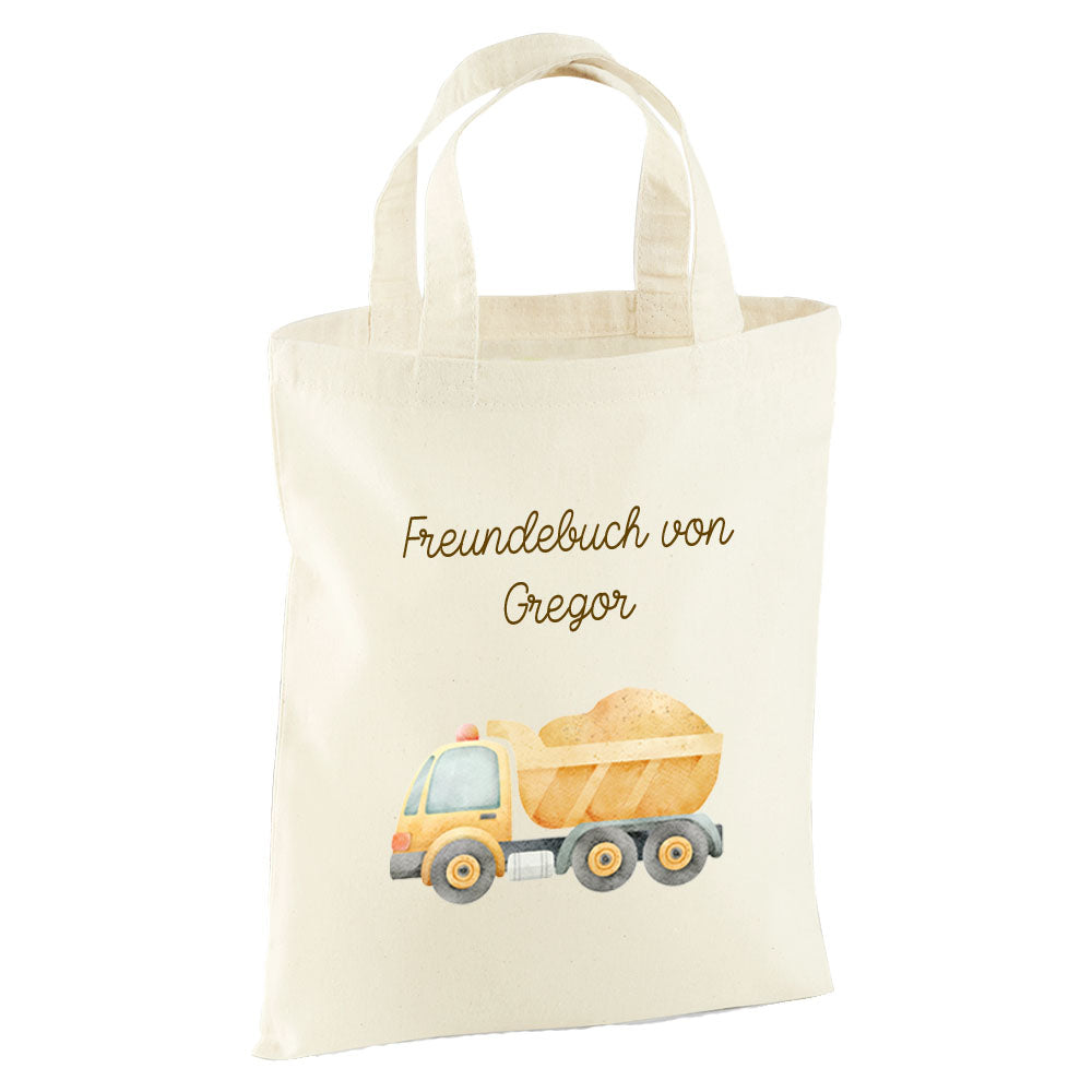 Personalisierte Freundebuch Tasche mit Namen, Baumwolle Stofftasche, Motiv Fahrzeug