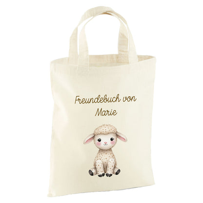 Personalisierte Freundebuch Tasche mit Namen, Baumwolle Stofftasche, Motiv Bauernhoftiere