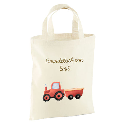 Personalisierte Freundebuch Tasche mit Namen, Baumwolle Stofftasche, Motiv Fahrzeug
