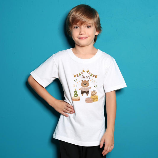 Kinder T-Shirt zum Geburtstag mit Bärmotiv, personalisiert mit Wunschname und Zahl, Geburtstagsshirt aus Baumwolle