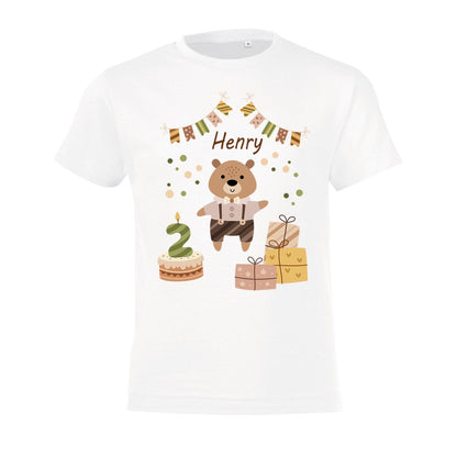 Kinder T-Shirt zum Geburtstag mit Bärmotiv, personalisiert mit Wunschname und Zahl, Geburtstagsshirt aus Baumwolle